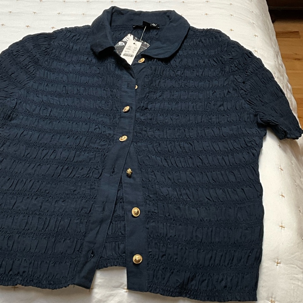 J. Crew Navy Blouse with Gold Accents
